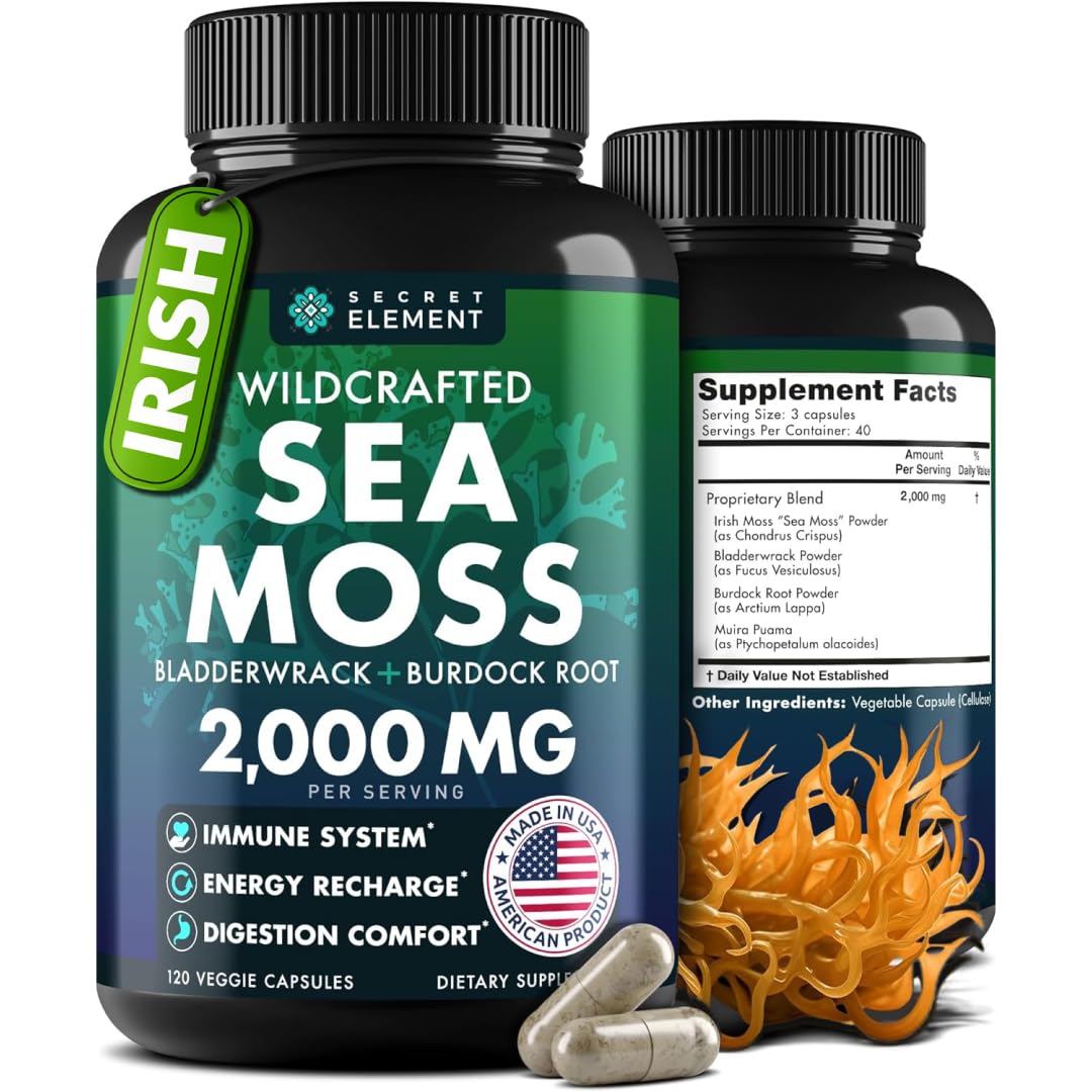 Sea Moss Capsules - Irish Sea Moss Advanced with Burdock Root, Bladderwrack & Muira Puama for Immunity, Gut, & Energy - Superfood Sea Moss Supplements w/Raw Sea Moss Powder - 120 Irish Seamoss Pills