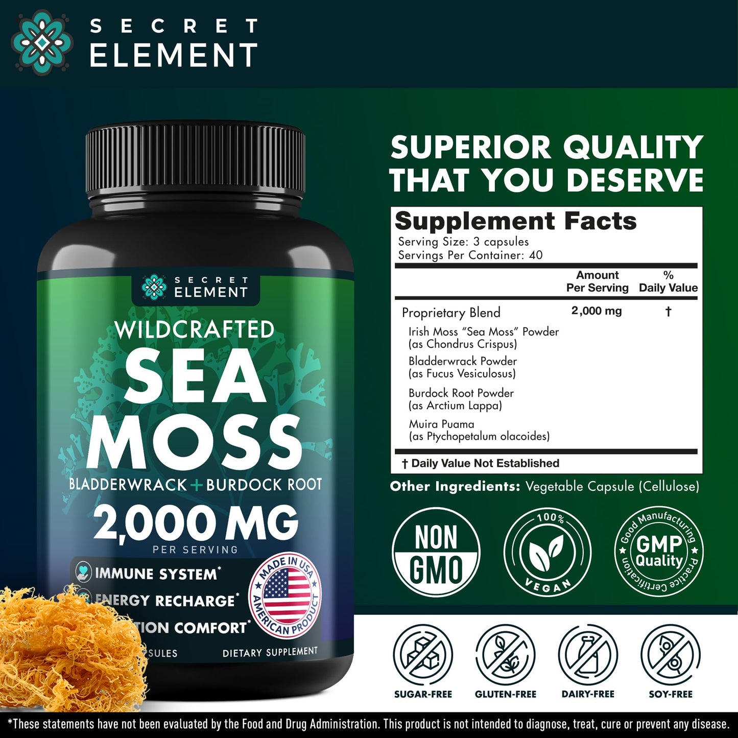 Sea Moss Capsules - Irish Sea Moss Advanced with Burdock Root, Bladderwrack & Muira Puama for Immunity, Gut, & Energy - Superfood Sea Moss Supplements w/Raw Sea Moss Powder - 120 Irish Seamoss Pills