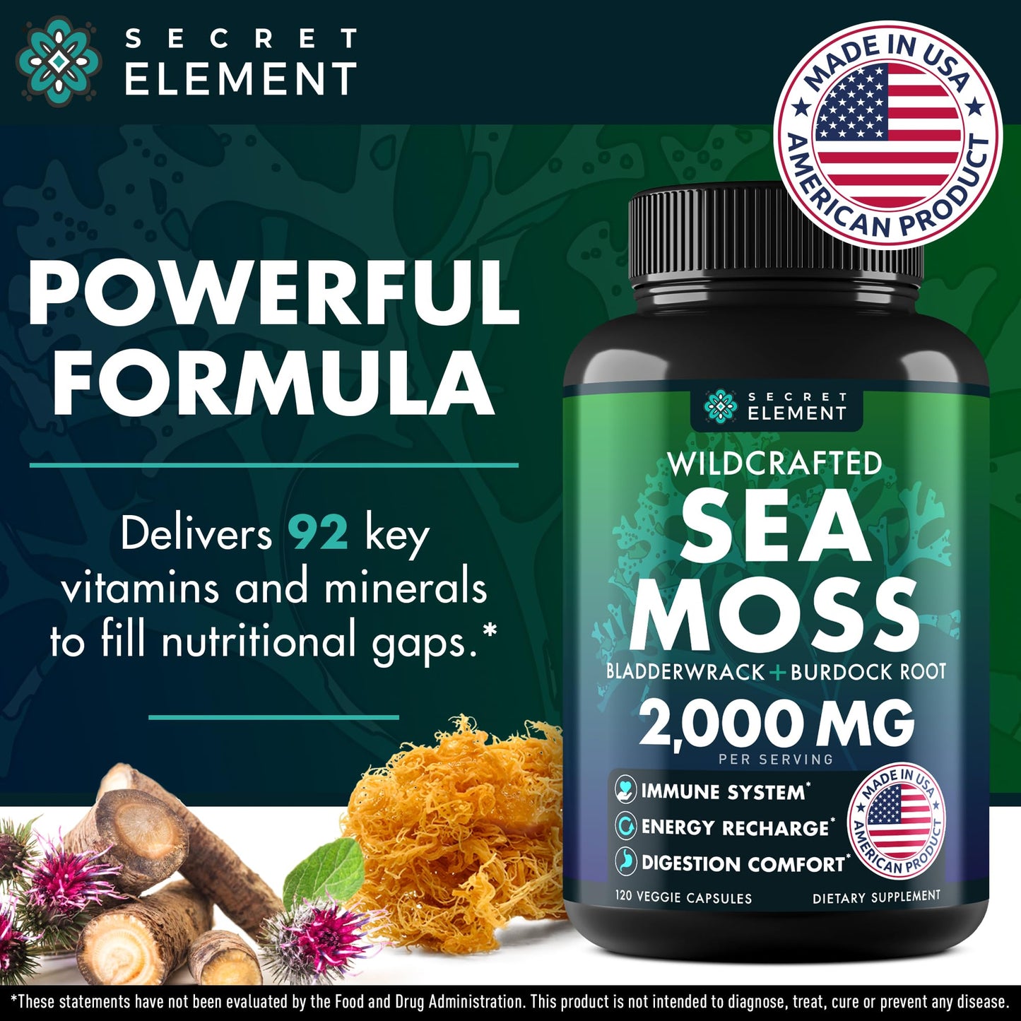 Sea Moss Capsules - Irish Sea Moss Advanced with Burdock Root, Bladderwrack & Muira Puama for Immunity, Gut, & Energy - Superfood Sea Moss Supplements w/Raw Sea Moss Powder - 120 Irish Seamoss Pills