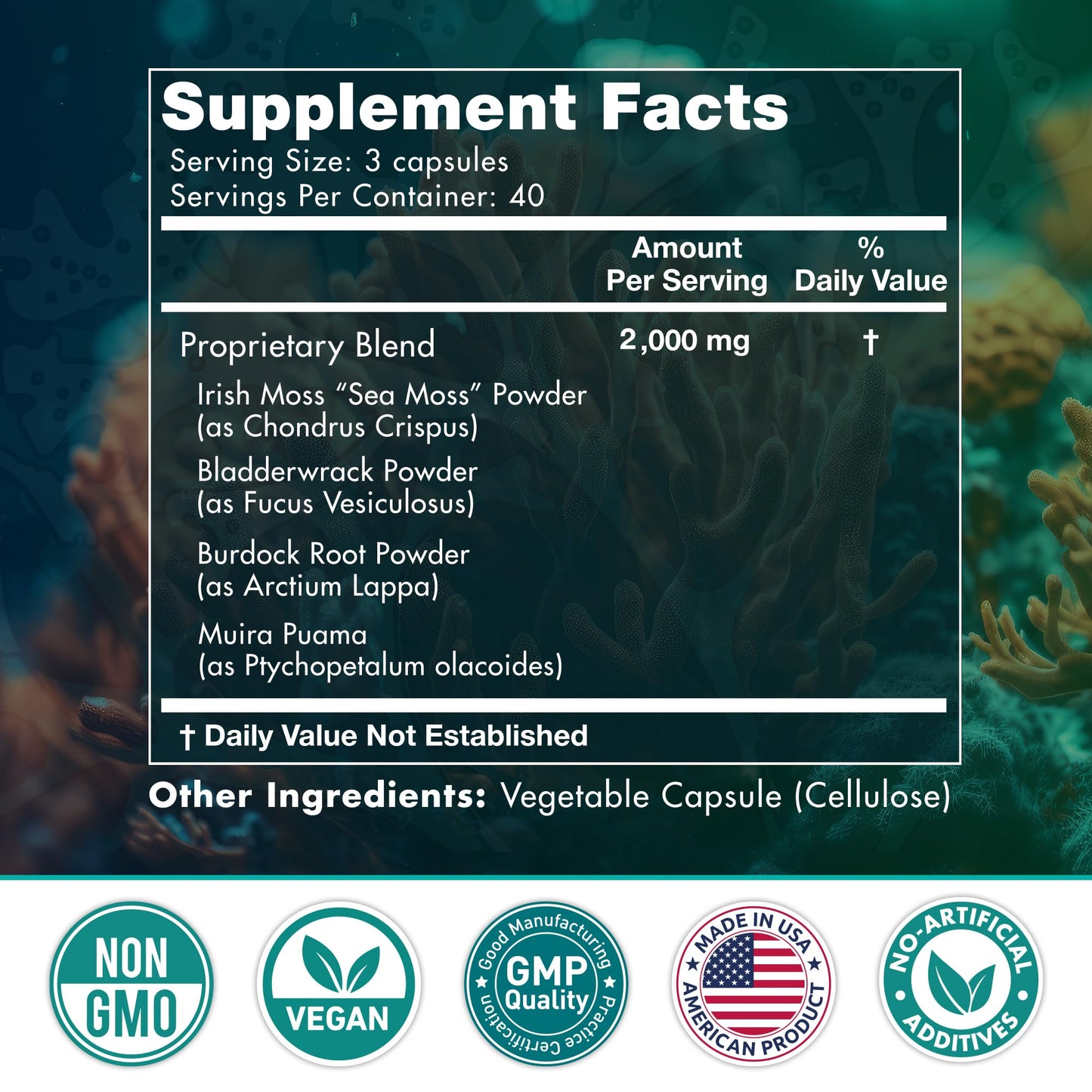 Sea Moss Capsules - Irish Sea Moss Advanced with Burdock Root, Bladderwrack & Muira Puama for Immunity, Gut, & Energy - Superfood Sea Moss Supplements w/Raw Sea Moss Powder - 120 Irish Seamoss Pills